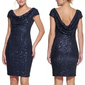 Vince Camuto Draped-Neck
Sequinned Bodycon Dress blue sequin size 4 NWT